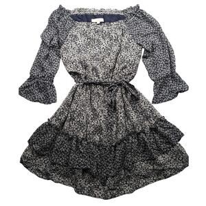 Loft Dress Women's Large Navy Blue White Floral Off the Shoulder Belted Chic EUC